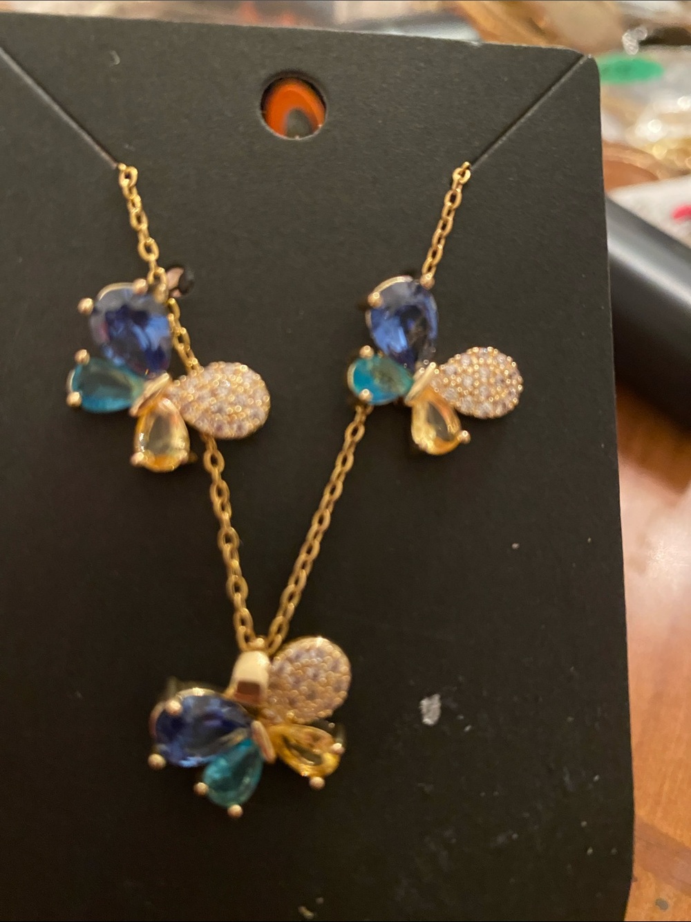 Gold Butterfly Necklace and Earring Set with Blue and Teal Stones